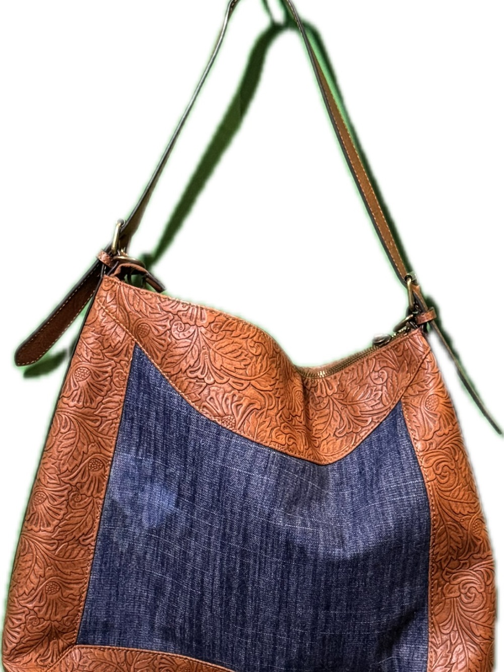 Hand-Tooled Look Faux Leather & Denim Hobo Bag - Brown/Blue Denim